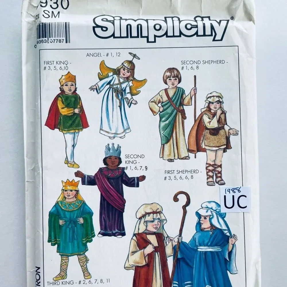 Vintage Simplicity 8930 Unisex Child Nativity Costume Pattern Sz SM UNCUT 1988.